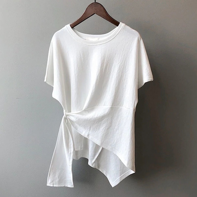 白い個性的なデザイン 無地非対称ルーズTシャツ