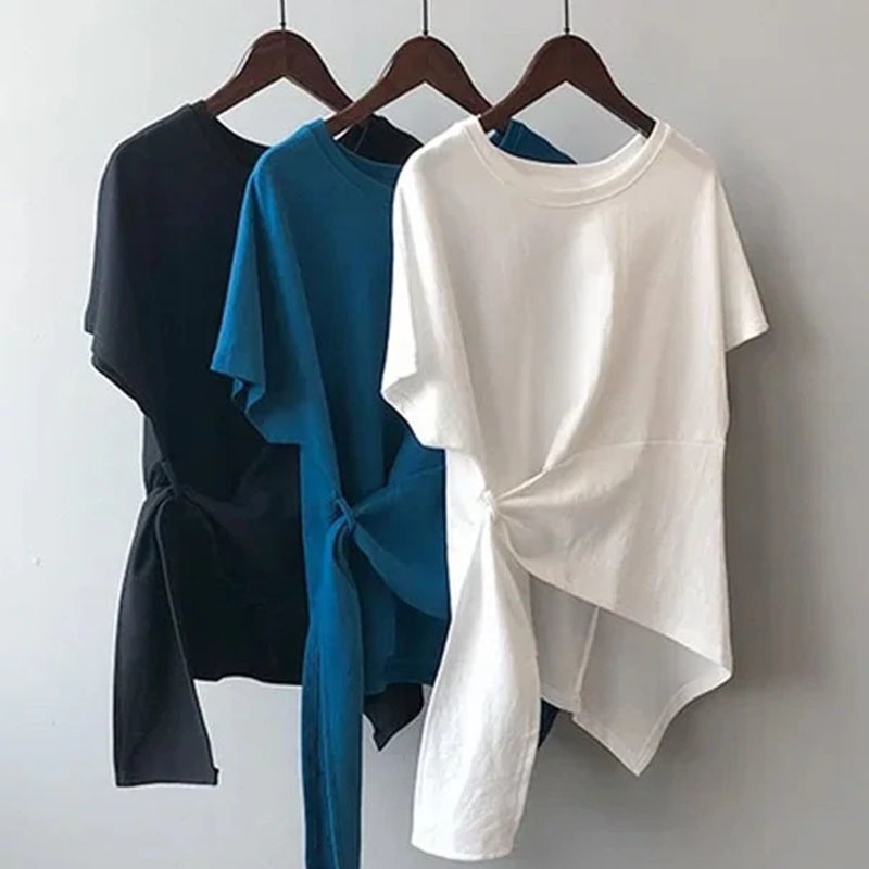 白い個性的なデザイン 無地非対称ルーズTシャツ
