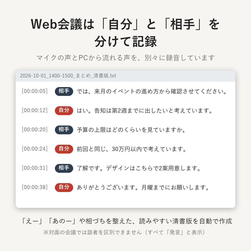 会議録音アプリ ― 文字起こしまで自動&データをPCの外に送信しない(Windows)