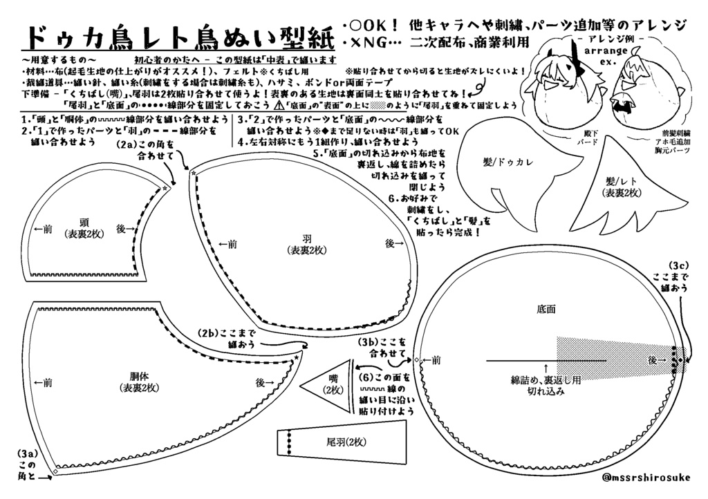 ドゥカ鳥レト鳥ぬい型紙