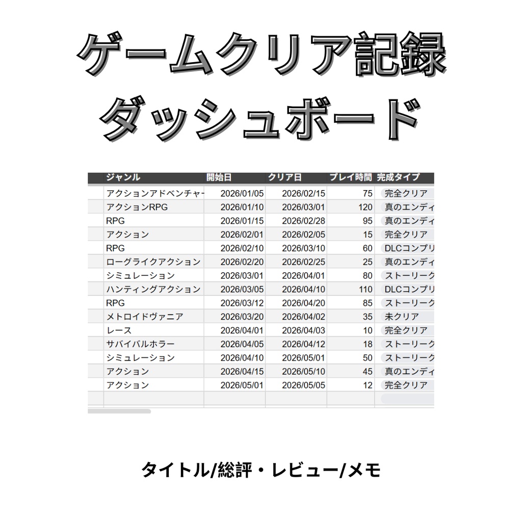 ゲームクリア記録帳｜プレイ履歴・感想・クリア管理テンプレート