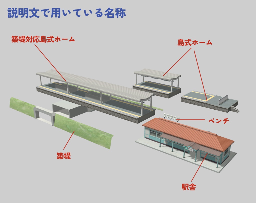 駅 島式ホーム・駅舎・築堤