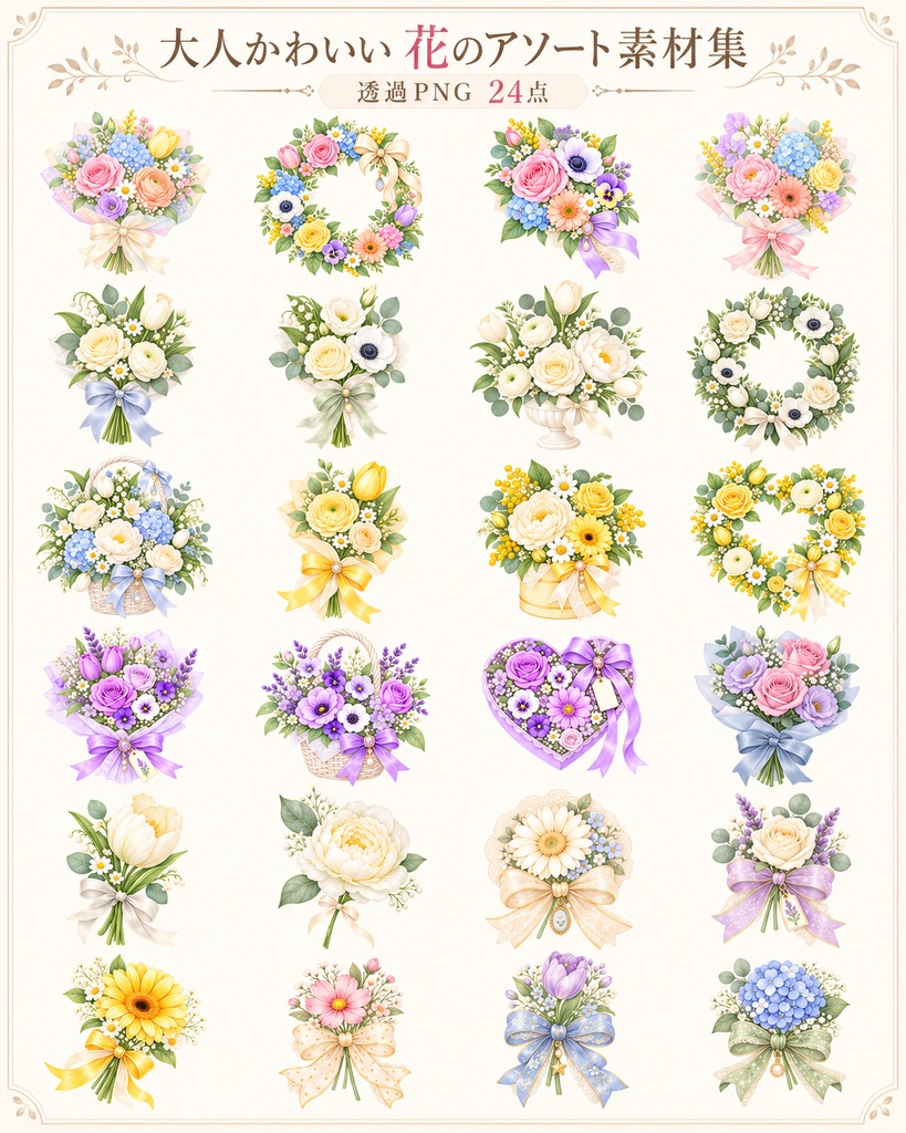 大人かわいい 花のアソート素材集|透過PNG 24点