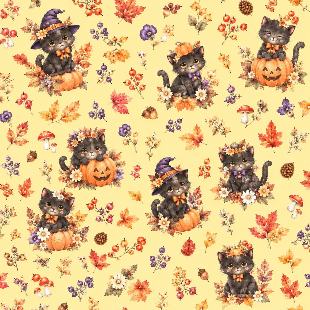 ハロウィン♡黒猫と秋のボタニカル デジタルペーパー6枚セット