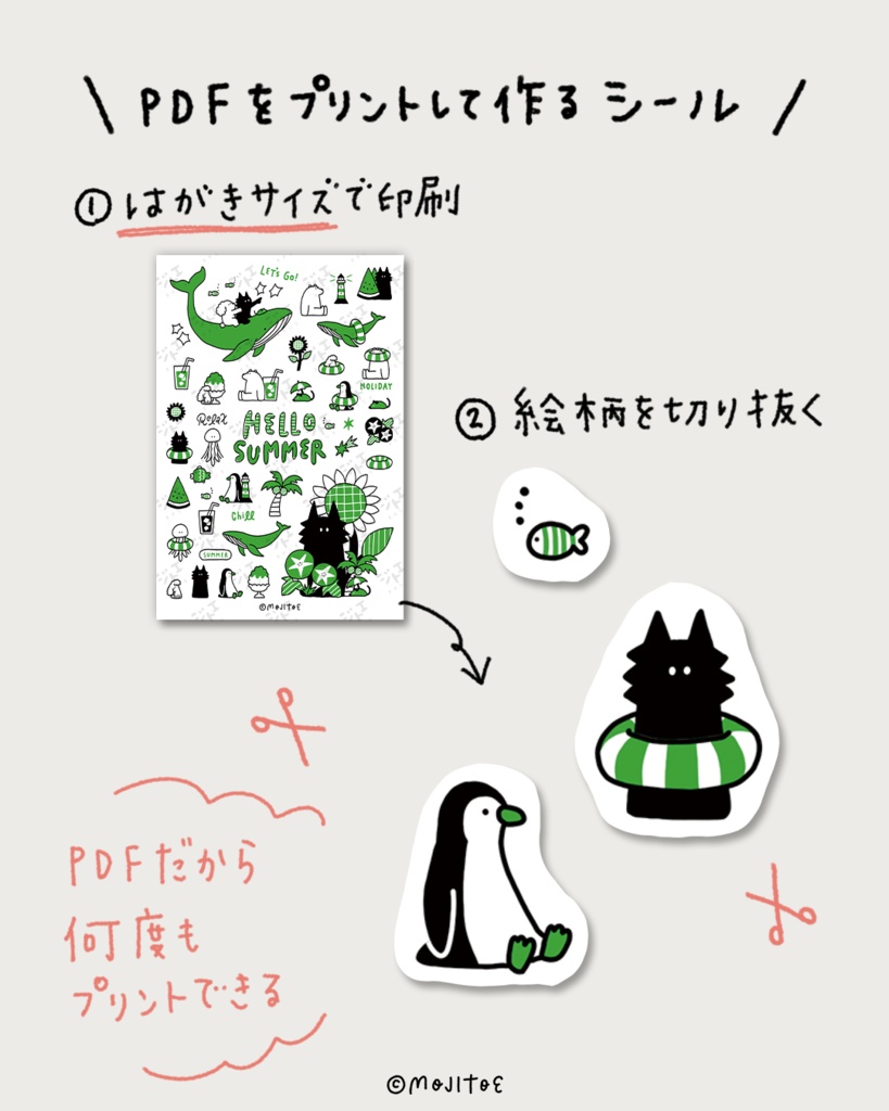 【手帳素材PDF】夏イラスト モジトエシール 04 印刷するシール用PDF はがきサイズ