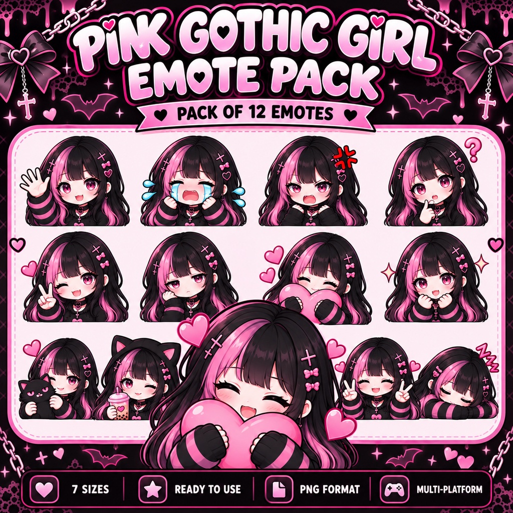 ピンク×ブラック ゴス系ちびキャラ 配信スタンプ&バッジ12種セット|Twitch・YouTube・Discord対応 / Pink Gothic Chibi Emotes