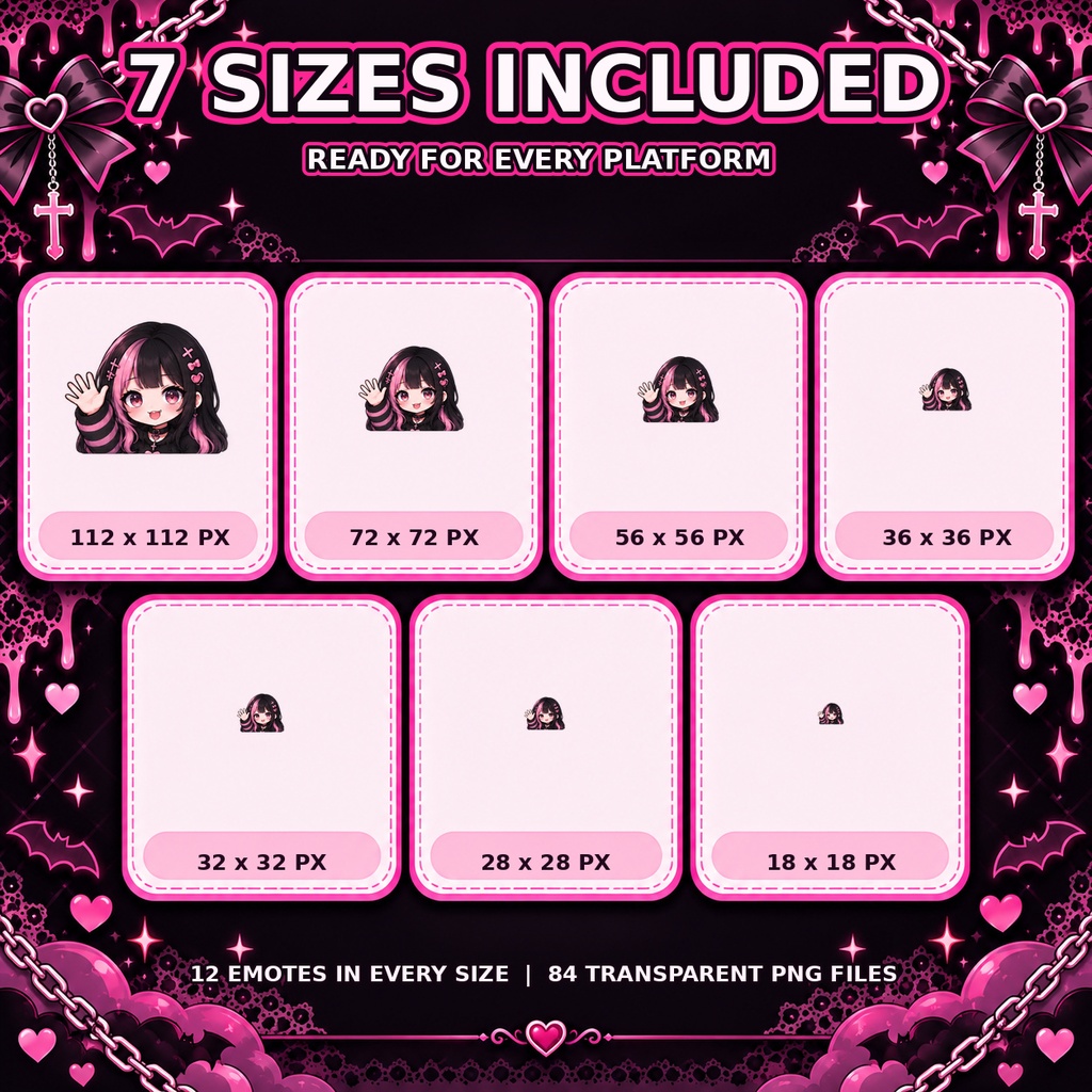 ピンク×ブラック ゴス系ちびキャラ 配信スタンプ&バッジ12種セット|Twitch・YouTube・Discord対応 / Pink Gothic Chibi Emotes