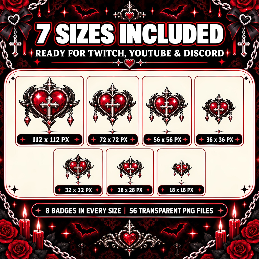 【Twitch Badges】 8種 ダークゴシックハート メンバーバッジ・配信素材 | 8 Dark Gothic Heart Subscriber Badges