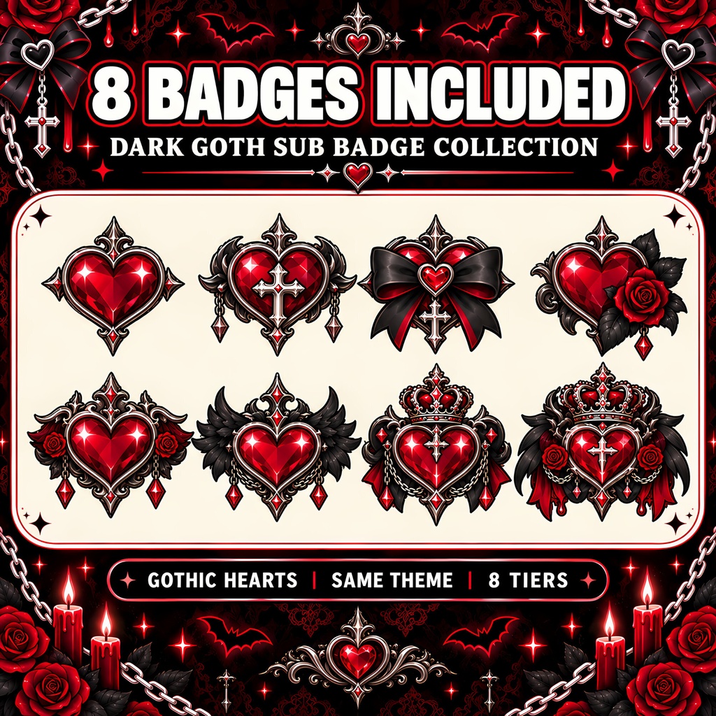【Twitch Badges】 8種 ダークゴシックハート メンバーバッジ・配信素材 | 8 Dark Gothic Heart Subscriber Badges