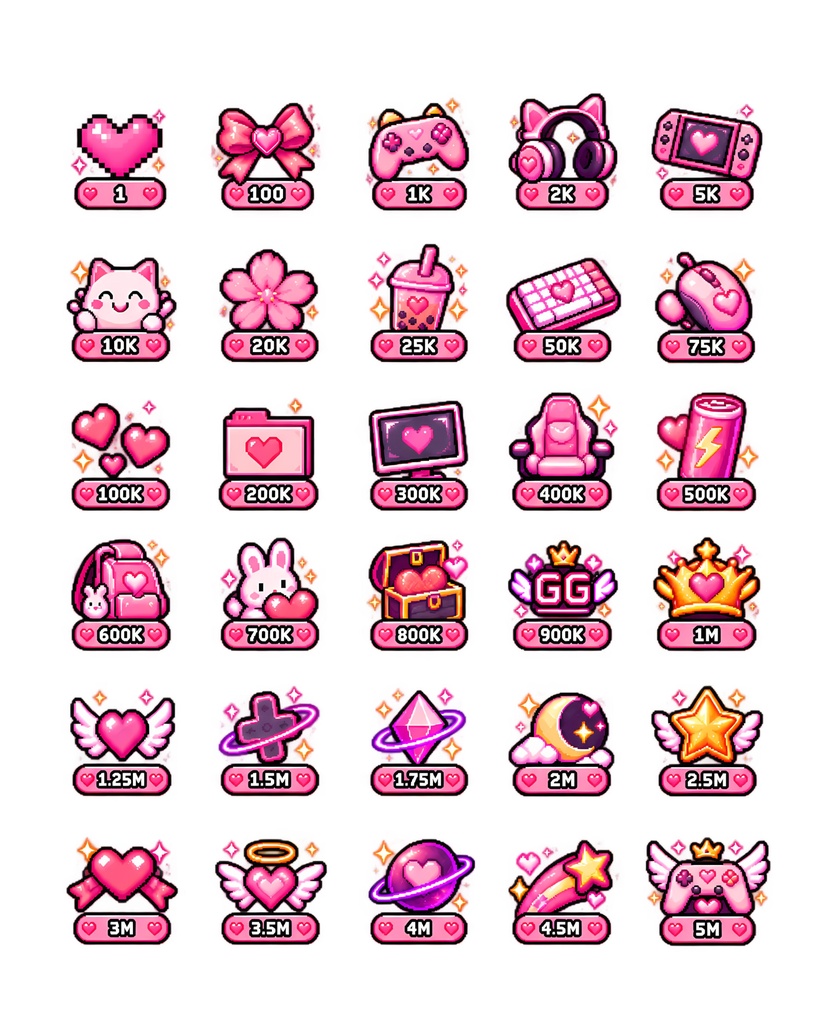 30点 ピンクゲーマー Bitsバッジ Twitch配信素材・ドット絵バッジ | Cute Pink Gamer Pixel Art Bits Badge Pack
