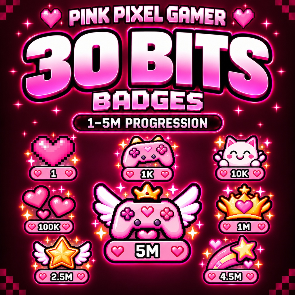 30点 ピンクゲーマー Bitsバッジ Twitch配信素材・ドット絵バッジ | Cute Pink Gamer Pixel Art Bits Badge Pack