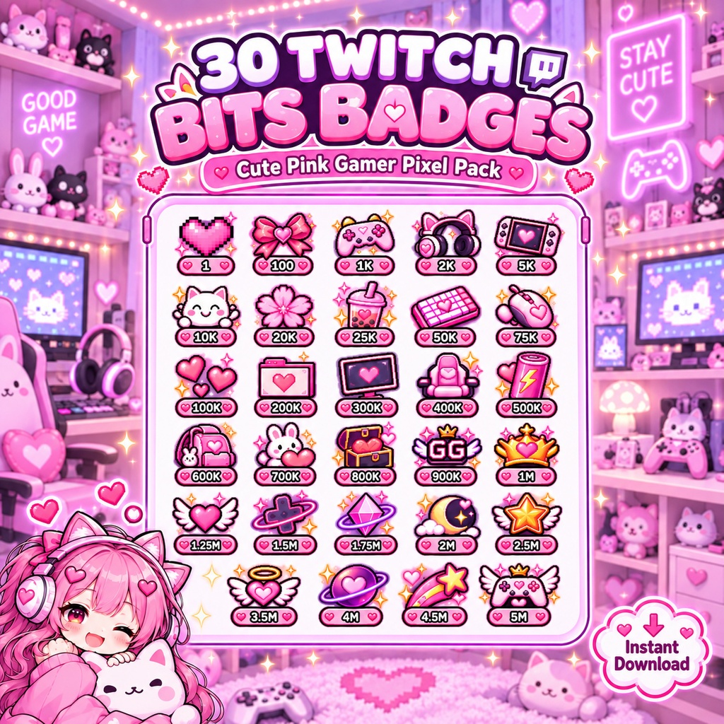 30点 ピンクゲーマー Bitsバッジ Twitch配信素材・ドット絵バッジ | Cute Pink Gamer Pixel Art Bits Badge Pack