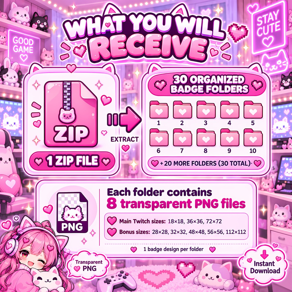 30点 ピンクゲーマー Bitsバッジ Twitch配信素材・ドット絵バッジ | Cute Pink Gamer Pixel Art Bits Badge Pack