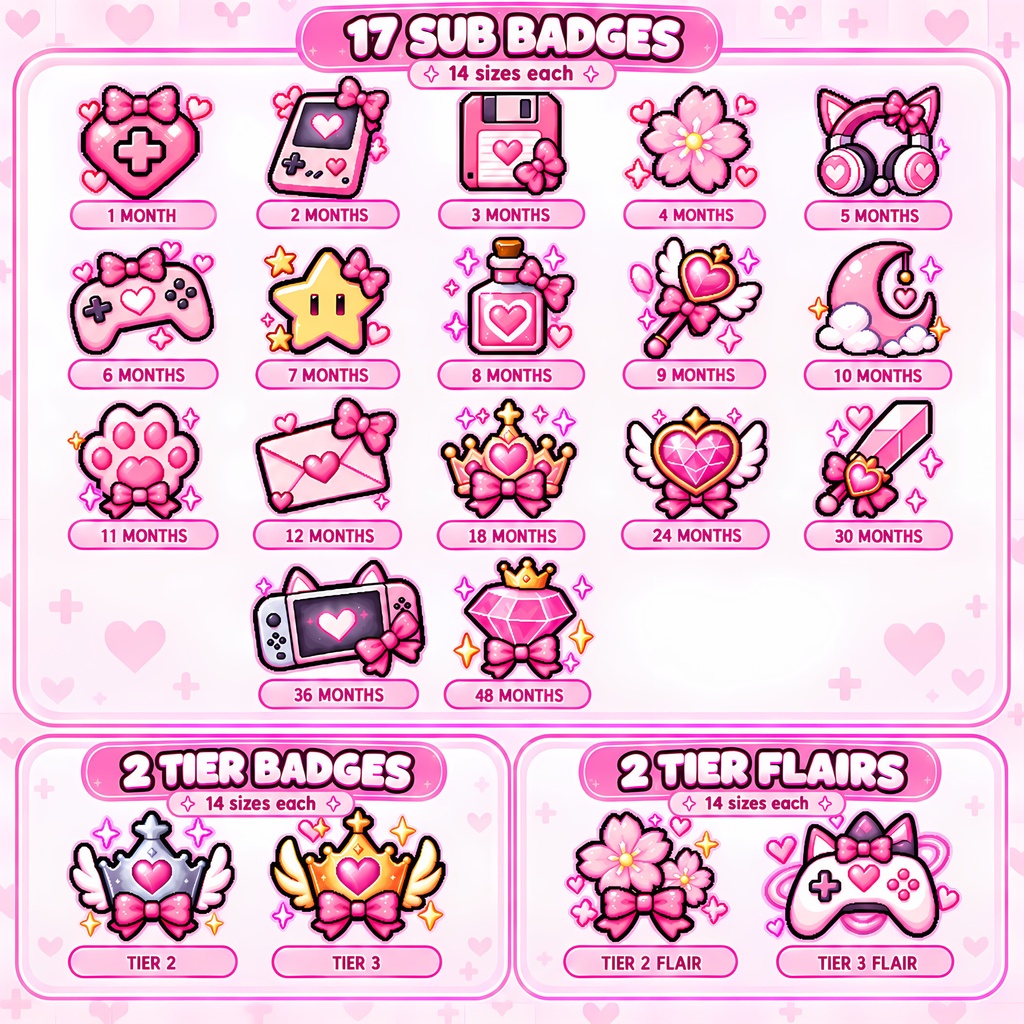 【21点】ピンクゲーマーガール 配信素材 サブバッジ・ティアバッジ・フレア | Cute Pink Gamer Sub Badge Pack