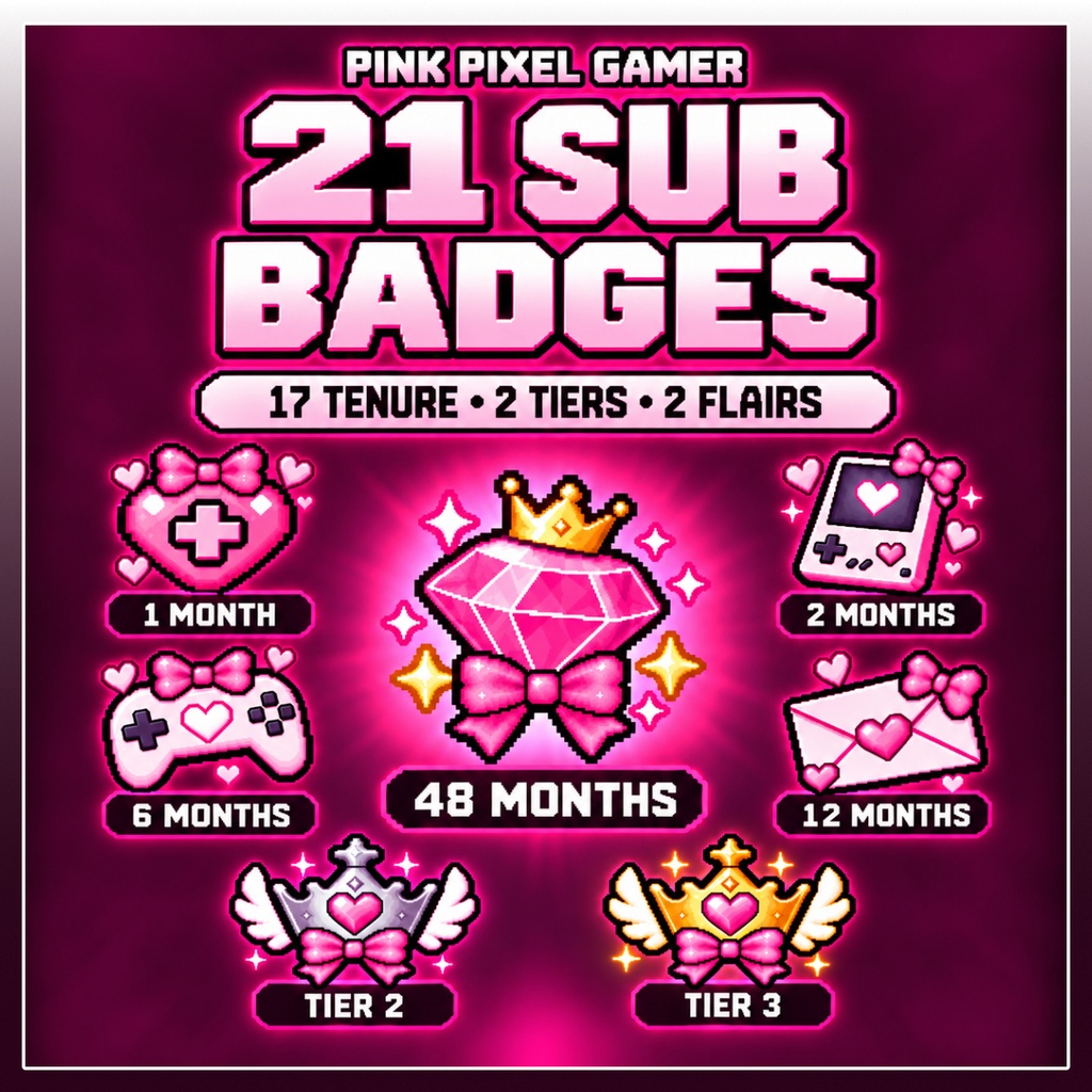 【21点】ピンクゲーマーガール 配信素材 サブバッジ・ティアバッジ・フレア | Cute Pink Gamer Sub Badge Pack