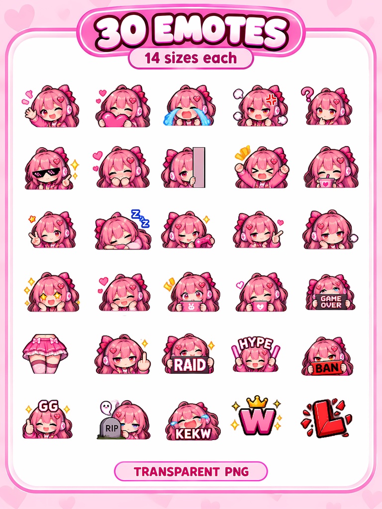 ピンク髪ゲーマー女子の配信スタンプ30種|Pink Hair Pixel Art Gamer Girl Emotes