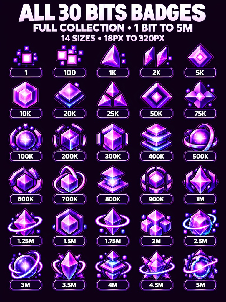 【Twitch Bitsバッジ】紫クリスタル30種 配信素材|Purple Crystal Bits Badges 30-Pack