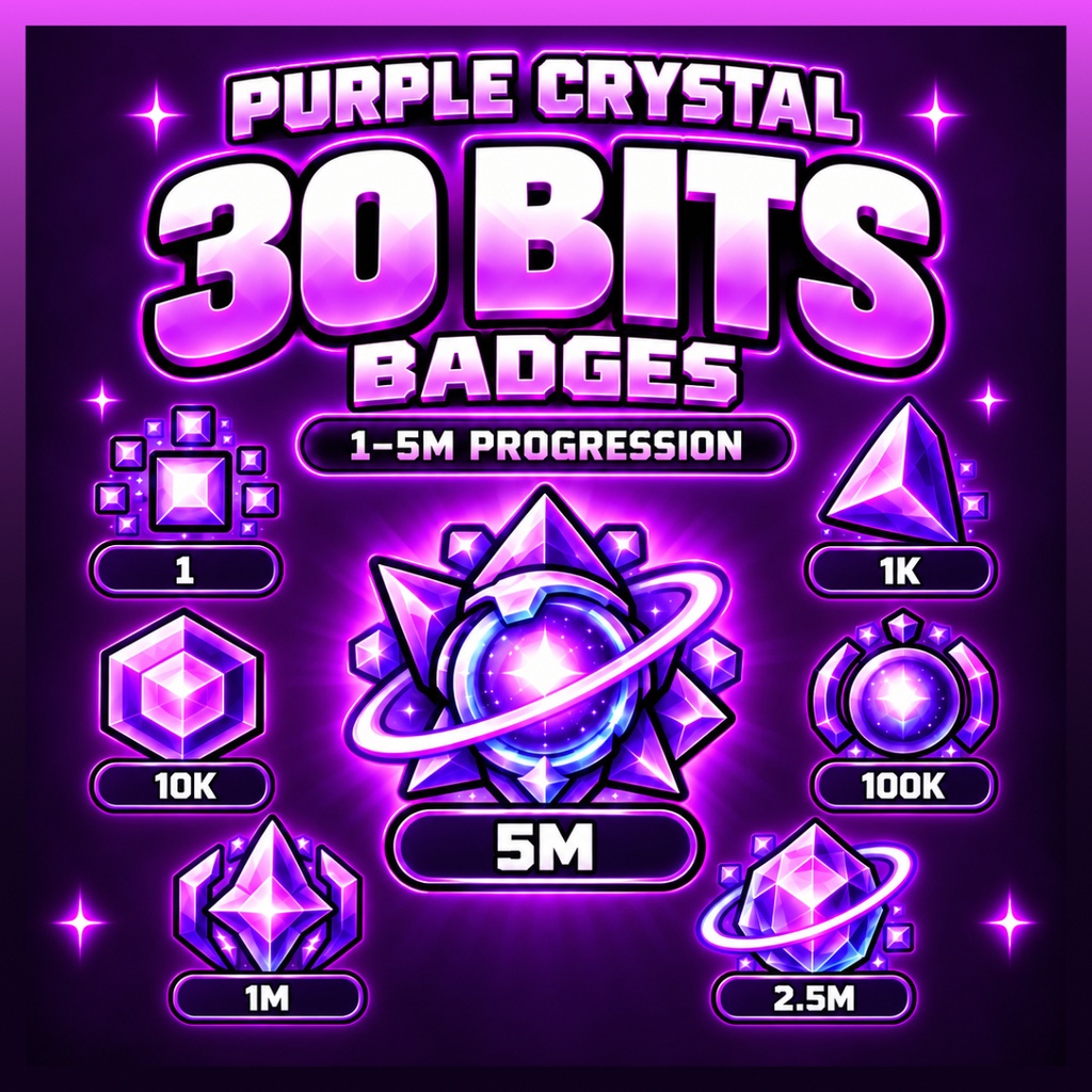 【Twitch Bitsバッジ】紫クリスタル30種 配信素材｜Purple Crystal Bits Badges 30-Pack