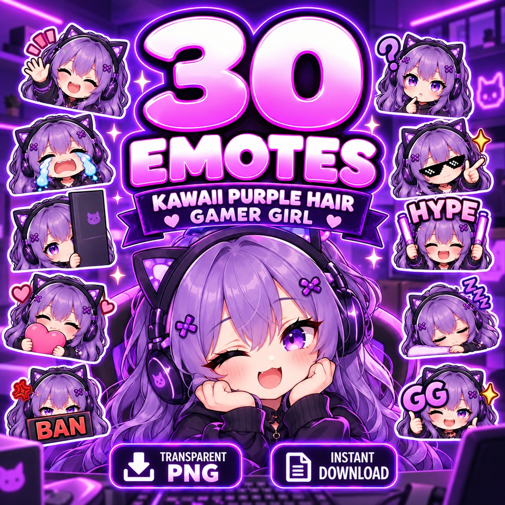 【30個セット】紫髪の猫耳ゲーマー女子 配信素材・Twitchスタンプ・Discord絵文字 | 30 Cute Purple Hair Gamer Girl Emotes