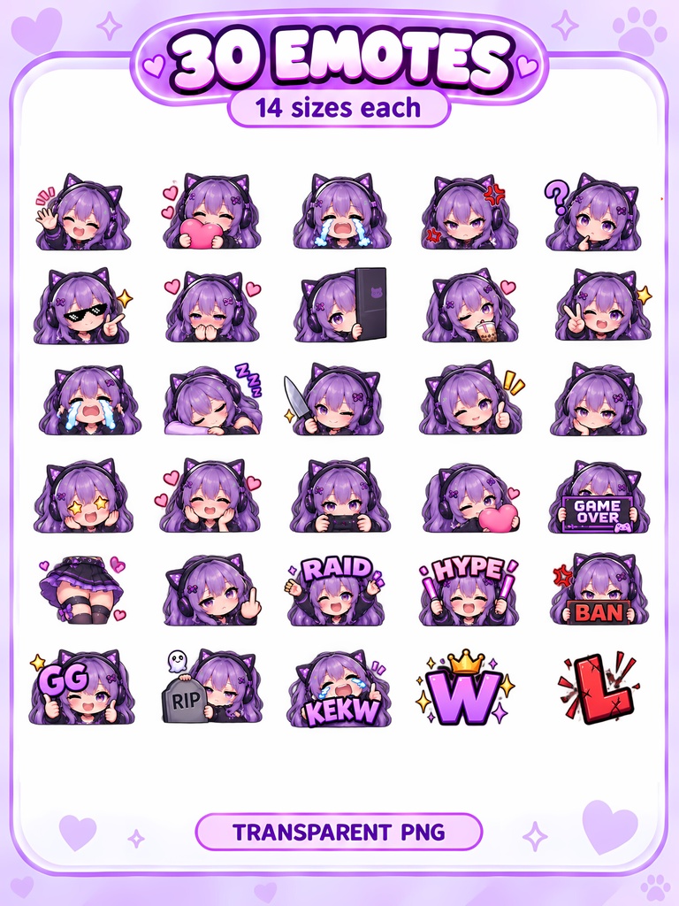 【30個セット】紫髪の猫耳ゲーマー女子 配信素材・Twitchスタンプ・Discord絵文字 | 30 Cute Purple Hair Gamer Girl Emotes