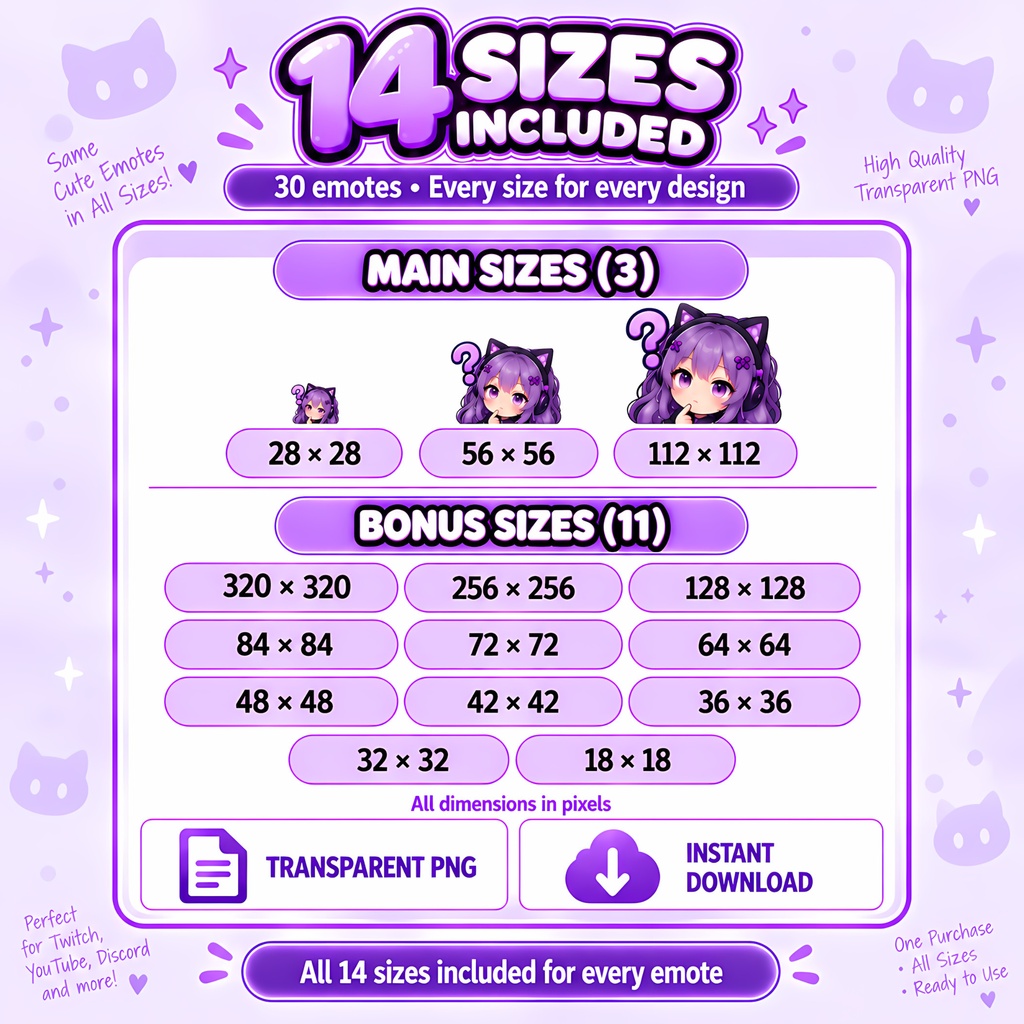 【30個セット】紫髪の猫耳ゲーマー女子 配信素材・Twitchスタンプ・Discord絵文字 | 30 Cute Purple Hair Gamer Girl Emotes
