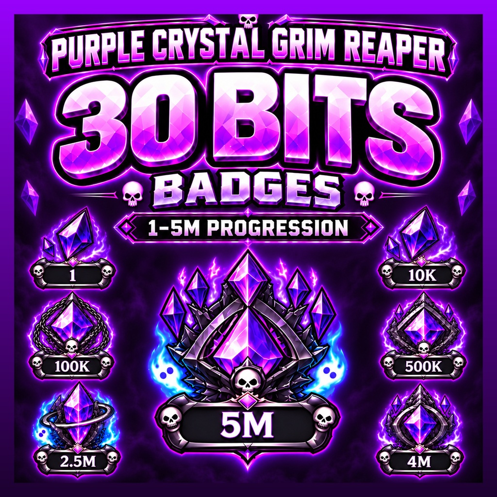 【Twitch Bitsバッジ】紫の死神ゴシッククリスタル30種・配信素材 | 30 Purple Grim Reaper Bits Badges