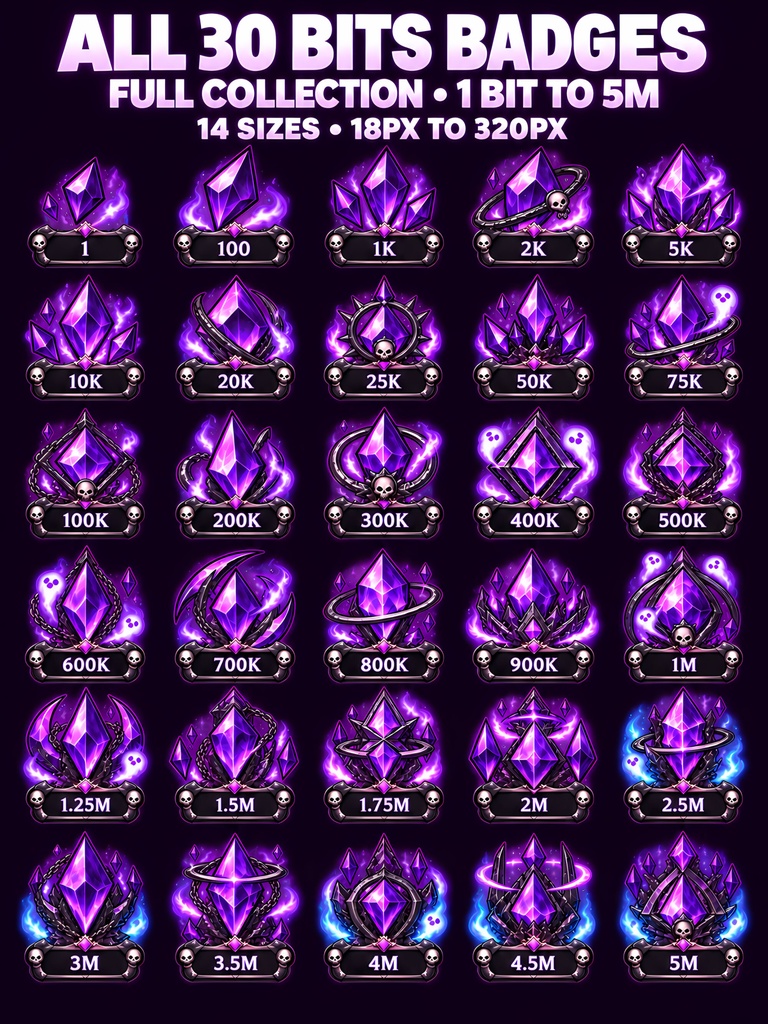 【Twitch Bitsバッジ】紫の死神ゴシッククリスタル30種・配信素材 | 30 Purple Grim Reaper Bits Badges