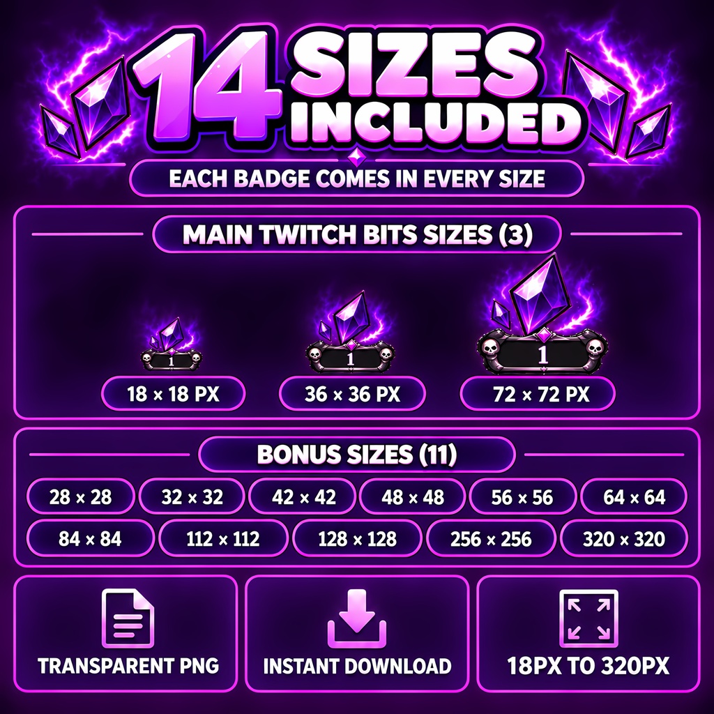 【Twitch Bitsバッジ】紫の死神ゴシッククリスタル30種・配信素材 | 30 Purple Grim Reaper Bits Badges