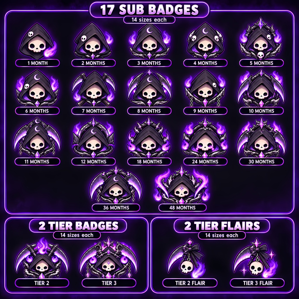 【Twitch Badges】紫ゴシック死神サブスクバッジ21点セット・配信素材・メンバーバッジ | Purple Gothic Grim Reaper Sub Badges