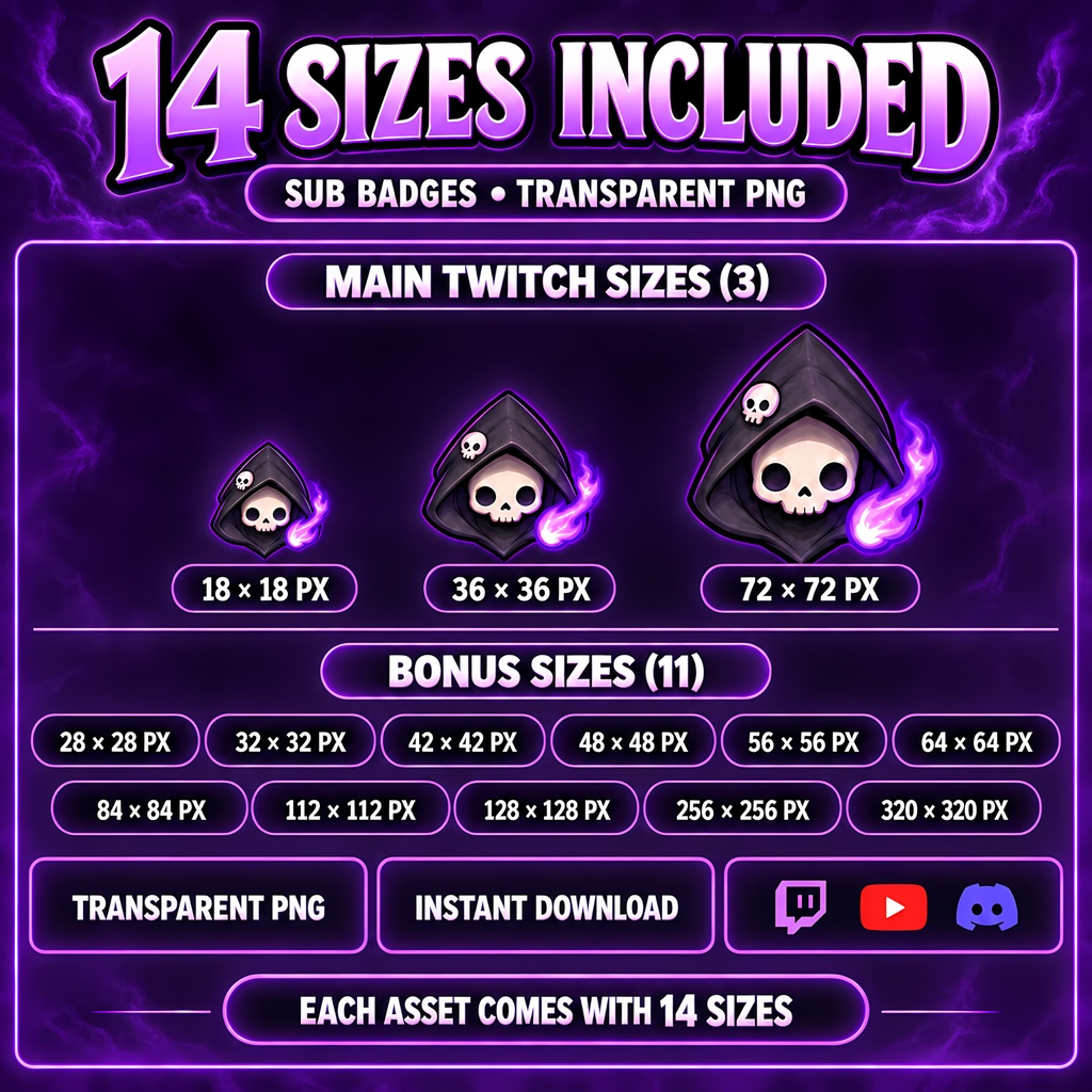 【Twitch Badges】紫ゴシック死神サブスクバッジ21点セット・配信素材・メンバーバッジ | Purple Gothic Grim Reaper Sub Badges