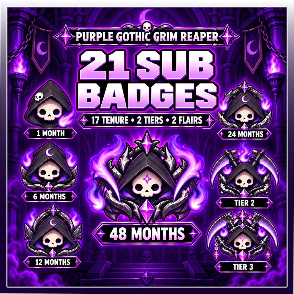 【Twitch Badges】紫ゴシック死神サブスクバッジ21点セット・配信素材・メンバーバッジ | Purple Gothic Grim Reaper Sub Badges