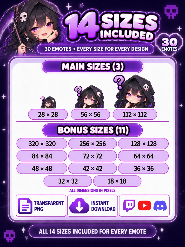 【配信素材】紫髪のかわいい死神少女スタンプ30個|Twitch・YouTube・Discord絵文字 | 30 Cute Purple Grim Reaper Girl Emotes