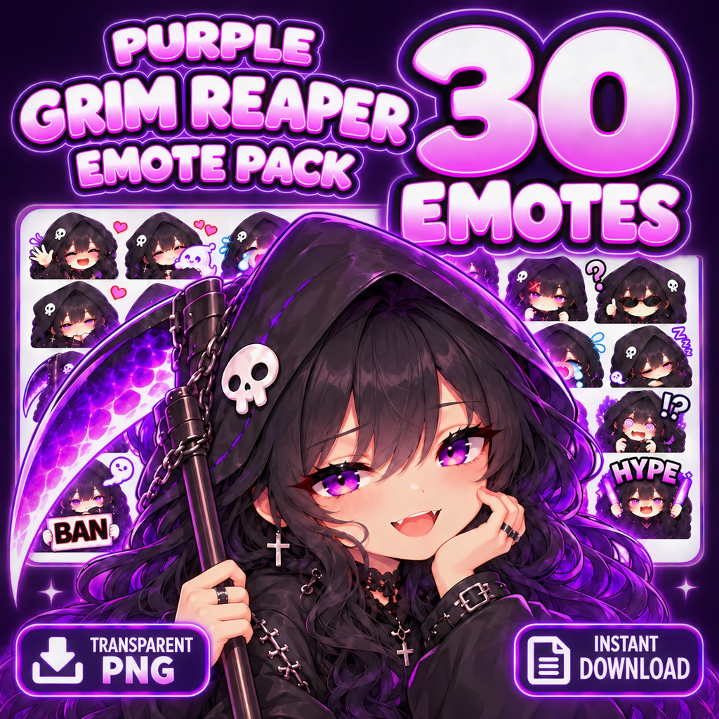【配信素材】紫髪のかわいい死神少女スタンプ30個｜Twitch・YouTube・Discord絵文字 | 30 Cute Purple Grim Reaper Girl Emotes