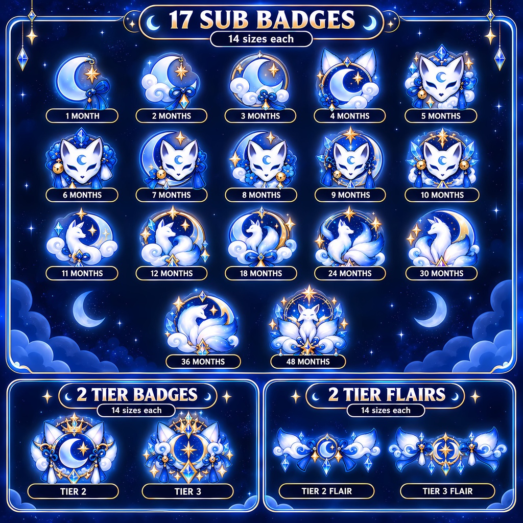 【21点】青い天体キツネ サブスクバッジ・メンバーバッジ 配信素材 | Blue Celestial Kitsune Sub Badges