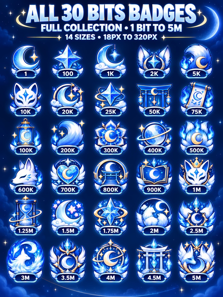 【30点】ブルーセレスティアル・キツネ Bitsバッジ 配信素材|30 Blue Celestial Kitsune Bits Badges