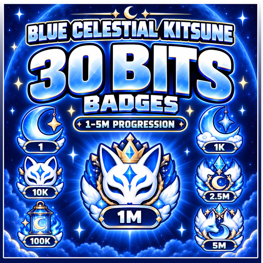 【30点】ブルーセレスティアル・キツネ Bitsバッジ 配信素材｜30 Blue Celestial Kitsune Bits Badges