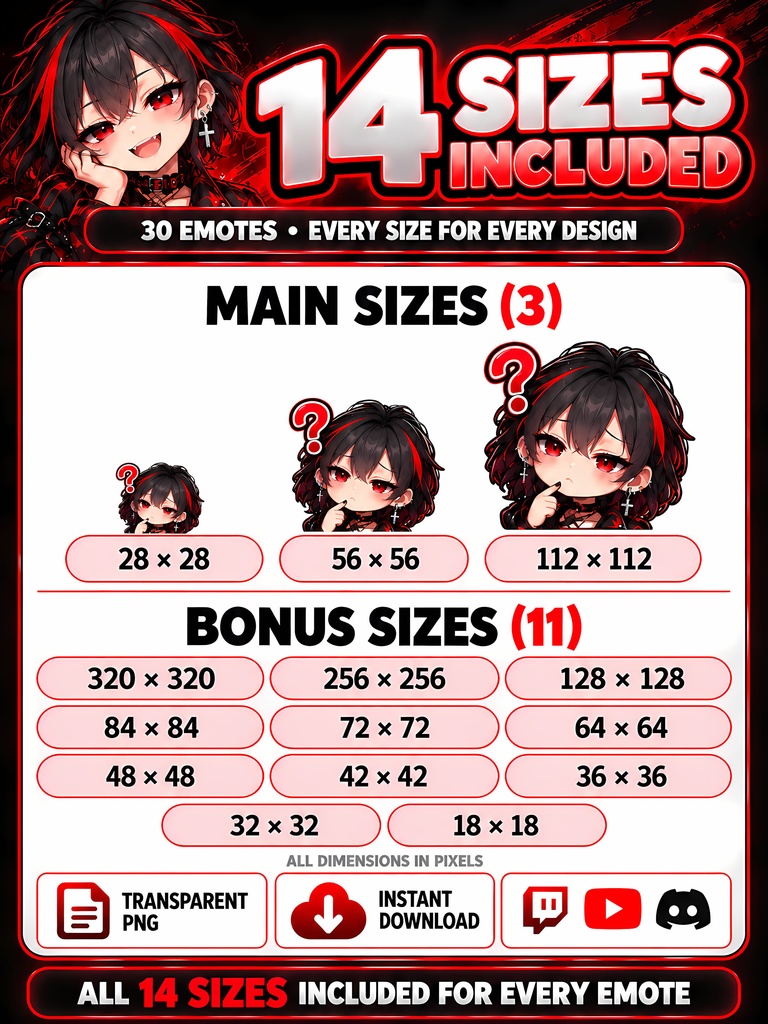 【30種】黒赤ゴシックのショートヘア少女 Twitchスタンプ・Discord絵文字|Black & Red Goth Pixie-Cut Girl Emotes
