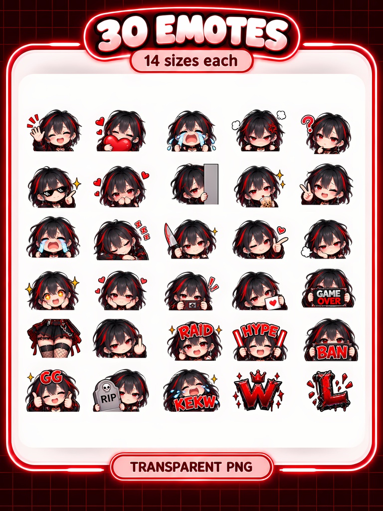 【30種】黒赤ゴシックのショートヘア少女 Twitchスタンプ・Discord絵文字|Black & Red Goth Pixie-Cut Girl Emotes