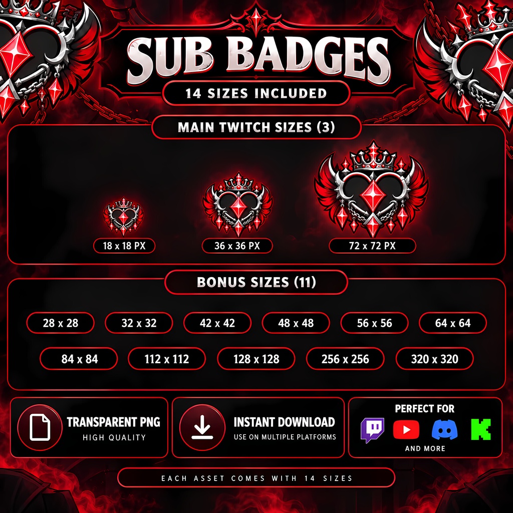 【21点】黒×赤 ゴシックハート メンバーバッジ・配信素材 | 21 Black & Red Gothic Heart Sub Badges