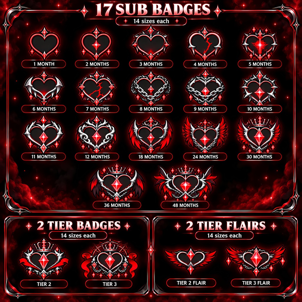 【21点】黒×赤 ゴシックハート メンバーバッジ・配信素材 | 21 Black & Red Gothic Heart Sub Badges