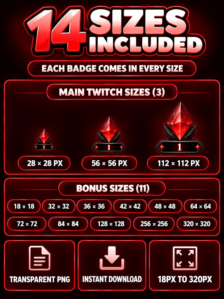 黒×赤 ダークファンタジーのクリスタルBitsバッジ30種|配信素材・Twitch応援バッジ | Black & Red Dark Fantasy Crystal Bits Badges