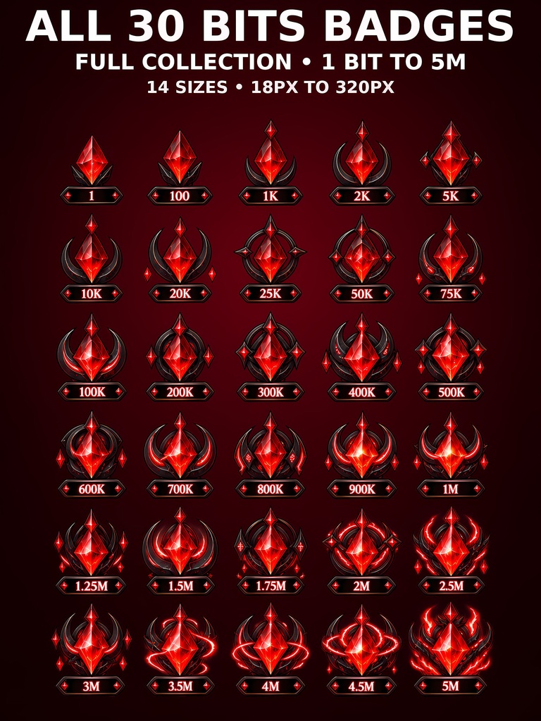 黒×赤 ダークファンタジーのクリスタルBitsバッジ30種|配信素材・Twitch応援バッジ | Black & Red Dark Fantasy Crystal Bits Badges