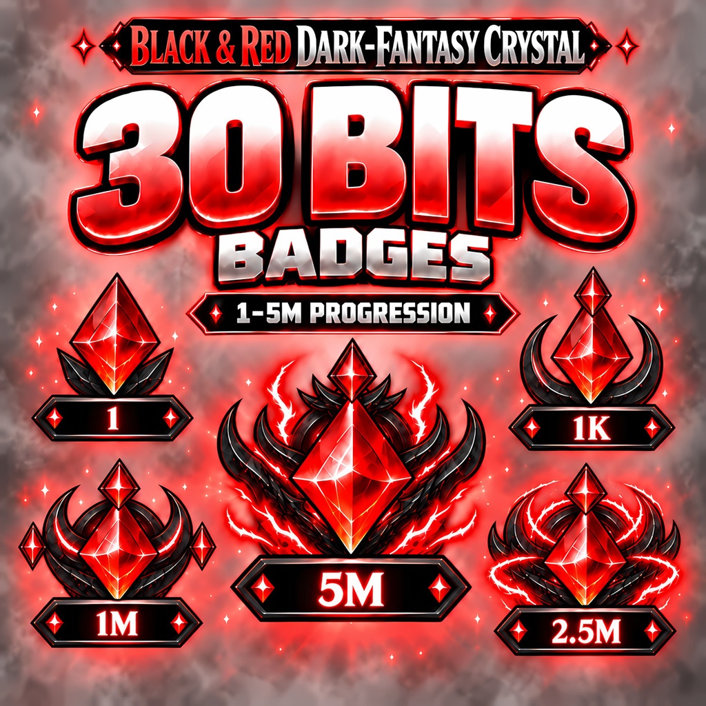 黒×赤 ダークファンタジーのクリスタルBitsバッジ30種｜配信素材・Twitch応援バッジ | Black & Red Dark Fantasy Crystal Bits Badges