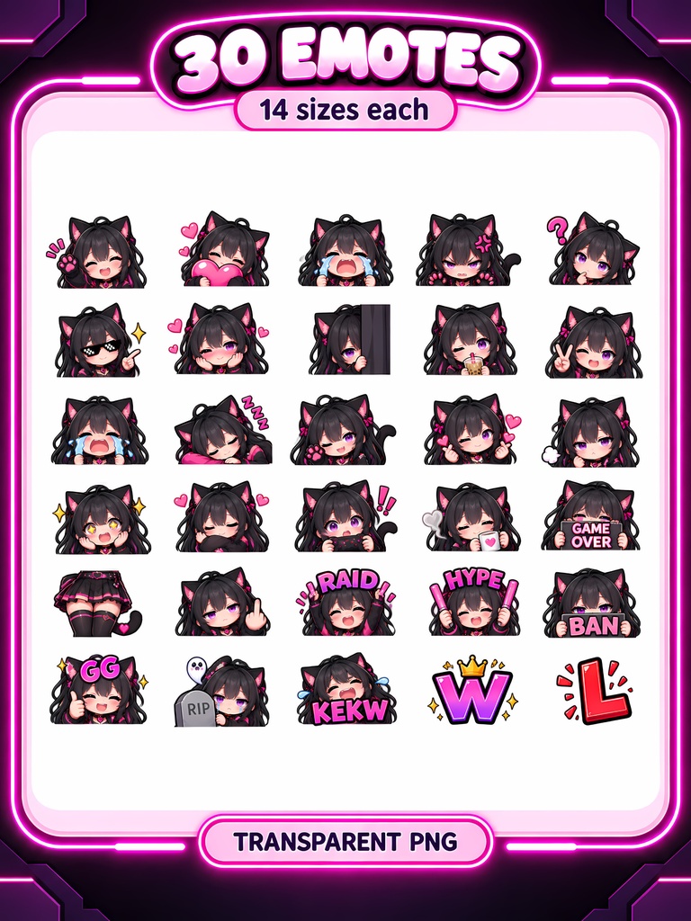 黒猫ガール配信スタンプ30点セット|Black Cat Girl Emotes, 30 Kawaii Anime PNGs