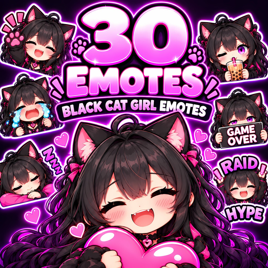 黒猫ガール配信スタンプ30点セット｜Black Cat Girl Emotes, 30 Kawaii Anime PNGs