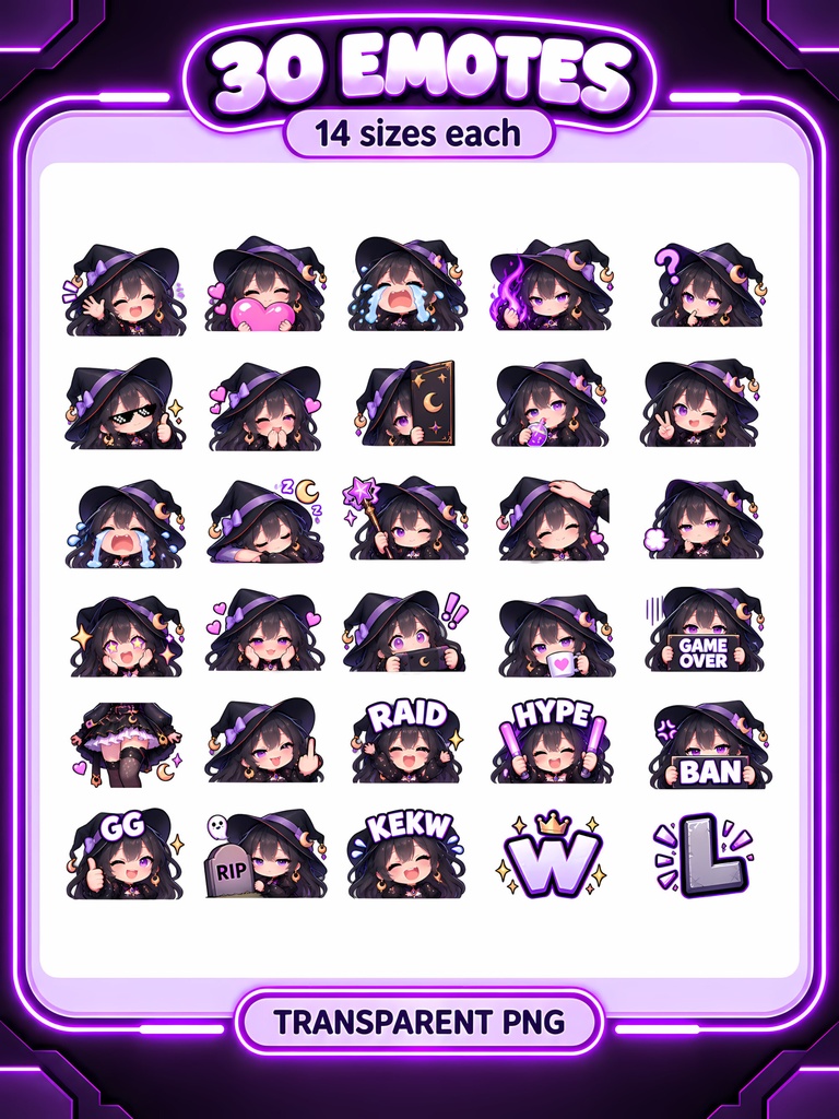 ゴシック魔女の女の子 スタンプ30種|Twitch・配信素材|Cute Gothic Witch Girl Emotes