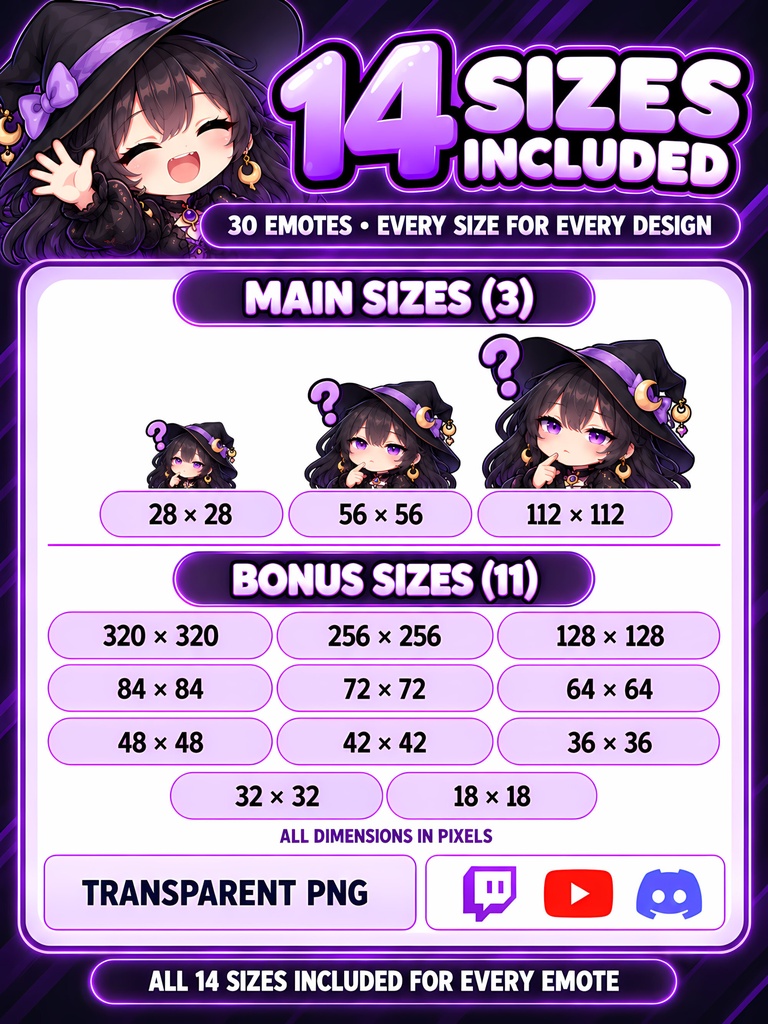 ゴシック魔女の女の子 スタンプ30種|Twitch・配信素材|Cute Gothic Witch Girl Emotes