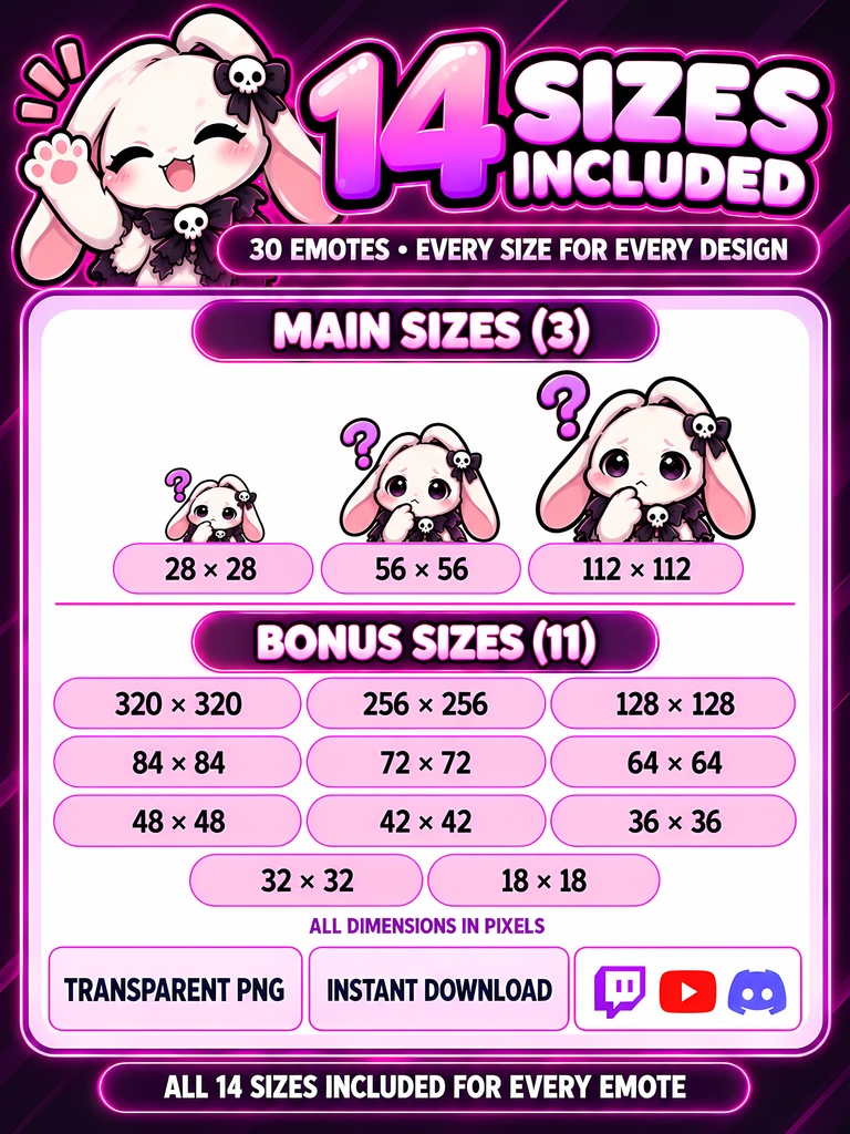 【30種】ゴシックなスカルうさぎのTwitchスタンプ・Discord絵文字|ダークかわいい配信素材、YouTubeメンバーシップ絵文字にも|Gothic Skull Bunny Emotes