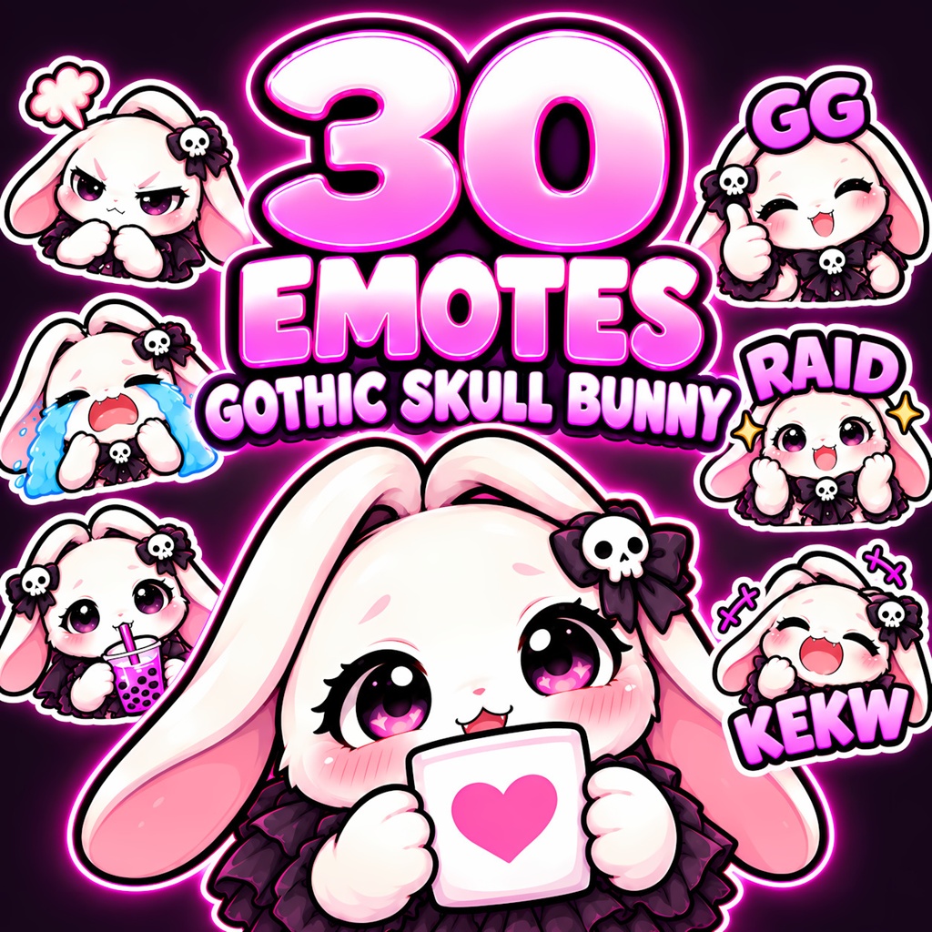 【30種】ゴシックなスカルうさぎのTwitchスタンプ・Discord絵文字｜ダークかわいい配信素材、YouTubeメンバーシップ絵文字にも｜Gothic Skull Bunny Emotes
