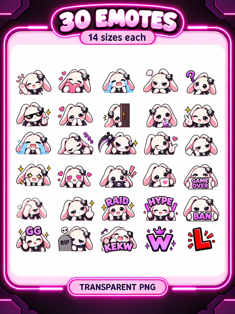 【30種】ゴシックなスカルうさぎのTwitchスタンプ・Discord絵文字|ダークかわいい配信素材、YouTubeメンバーシップ絵文字にも|Gothic Skull Bunny Emotes